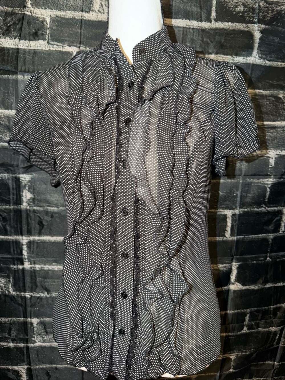 Sele black and white polka dot ruffle front short sleeve button up blouse